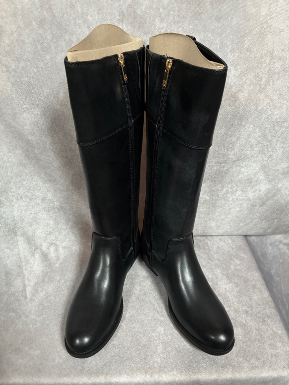 Tommy Hilfiger Black “Shana” Equestrian Boots with Gold Zippers